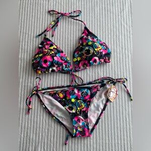 Vintage OP Neon Graffiti Bikini Set NEW M Bottoms XL Top Mixed Size Swim Y2K